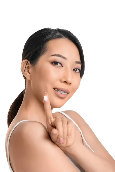 Beautiful Young Asian Woman Applying Body Cream White Background — Stock Photo, Image
