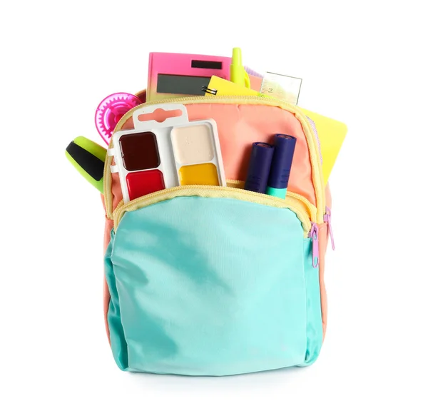 Colorful School Backpack Calculator Watercolors White Background — Stock Photo, Image