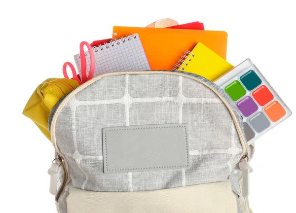 Grey School Backpack Notebooks Watercolors Scissors White Background — Stock Photo, Image