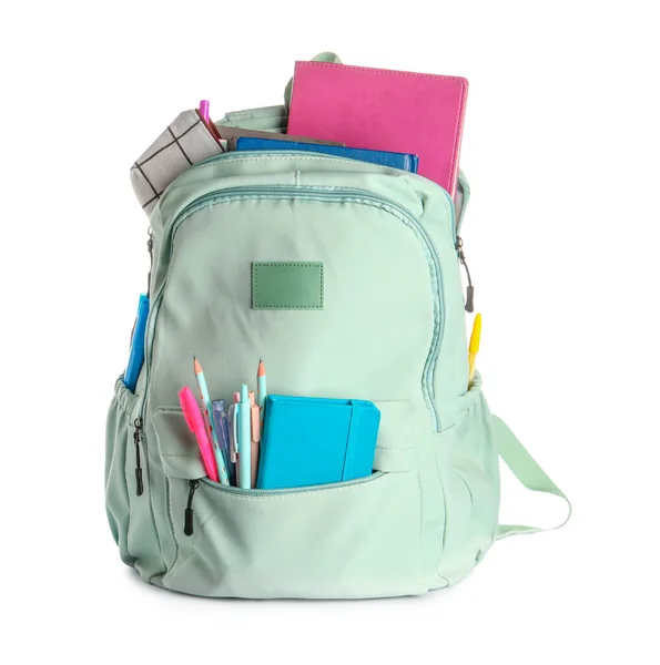 Plecak Green School Notatnikami Ołówkami Długopisami Białym Tle — Zdjęcie stockowe