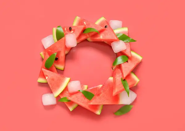 Frame Made Fresh Watermelon Leaves Ice Cubes Red Background — Stock Photo, Image