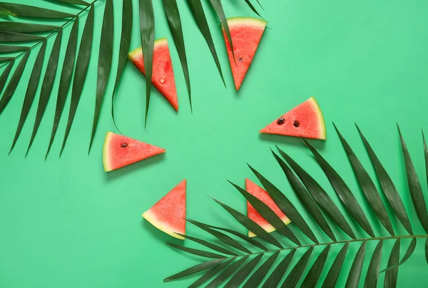 Frame Made Fresh Watermelon Palm Leaves Green Background — Stock Photo, Image