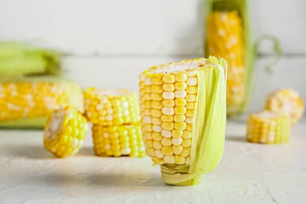 Cut Fresh Corn Cob White Table — Stock Photo, Image