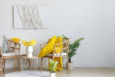 Oturma odasının içinde rahat koltuklar ve kahve masasında çiçek açan narsisli çiçekler.