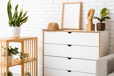 Çekmeceleri, raf ünitesi ve ev bitkileriyle aydınlık oturma odasının içinde.