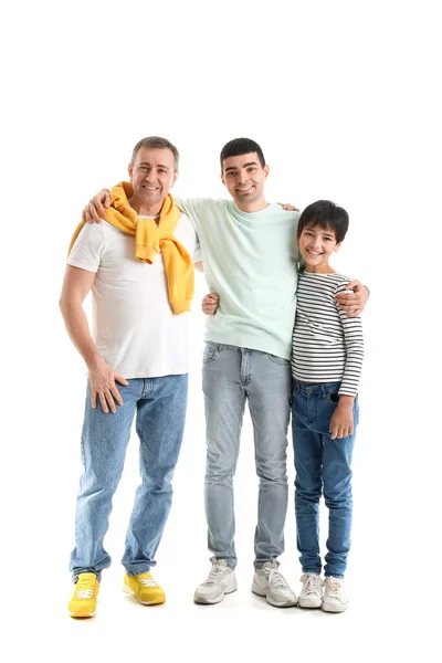 Happy Little Boy His Dad Grandfather Hugging White Background — Stock Photo, Image