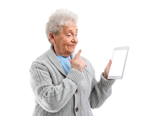 Senior Woman Tablet Computer White Background — Stock Photo, Image