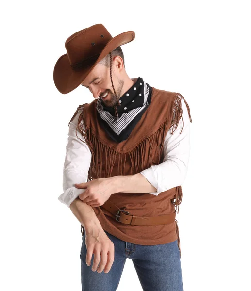 Schöner Cowboy Der Auf Weißem Hintergrund Den Ärmel Hochkrempelt — Stockfoto