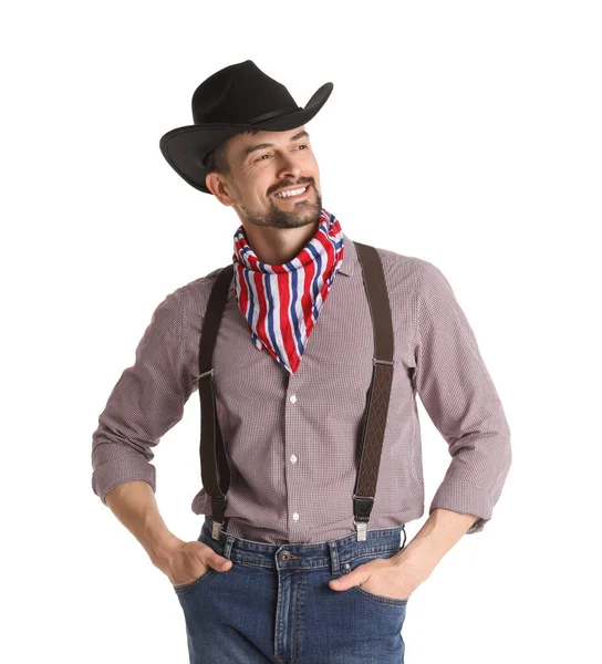 Knappe Cowboy Witte Achtergrond — Stockfoto