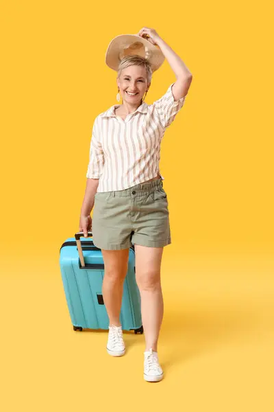 Mature Woman Suitcase Summer Hat Yellow Background — Stock Photo, Image