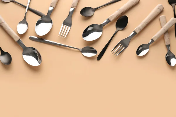 Silver Black Cutlery Beige Background — Stock Photo, Image