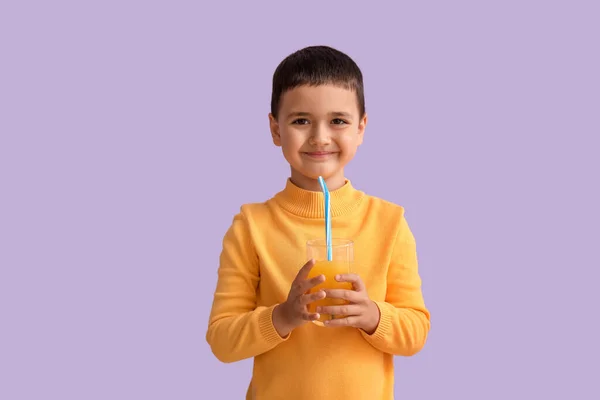 Cute Little Boy Glass Orange Juice Lilac Background — Stock Photo, Image