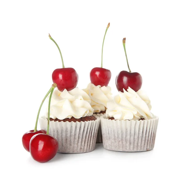 Gustosi Cupcake Ciliegie Sfondo Bianco — Foto Stock