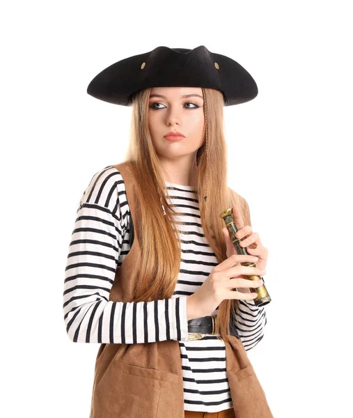 Beautiful Female Pirate Spyglass White Background — Stock Photo, Image