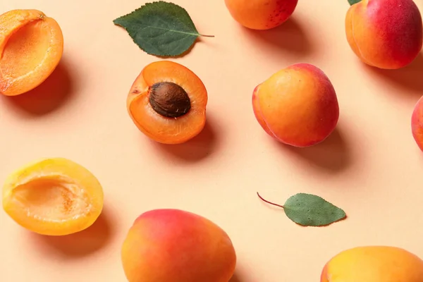 Sweet Apricots Leaves Orange Background — Stock Photo, Image