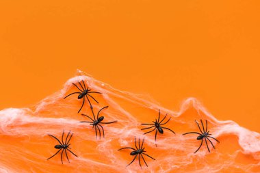 Turuncu arka planda Cadılar Bayramı partisi için örümceklerle örümcek ağı