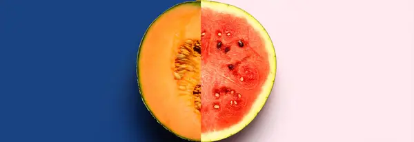 彩色背景下的多汁西瓜和甜瓜拼贴 — 图库照片