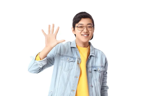 Joven Asiático Hombre Mostrando Cinco Dedos Blanco Fondo — Foto de Stock