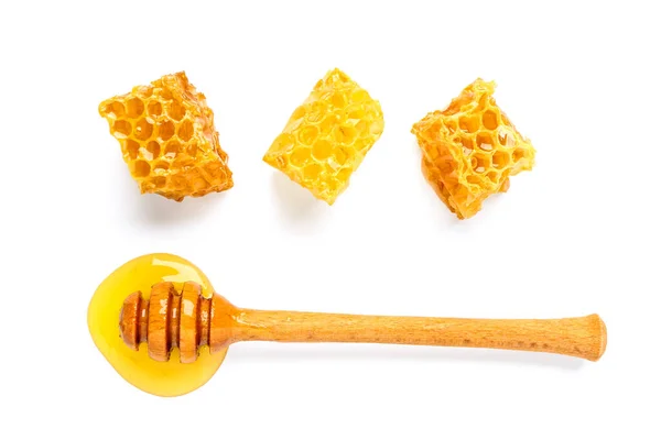 Söta Honeycombs Och Dipper Vit Bakgrund — Stockfoto