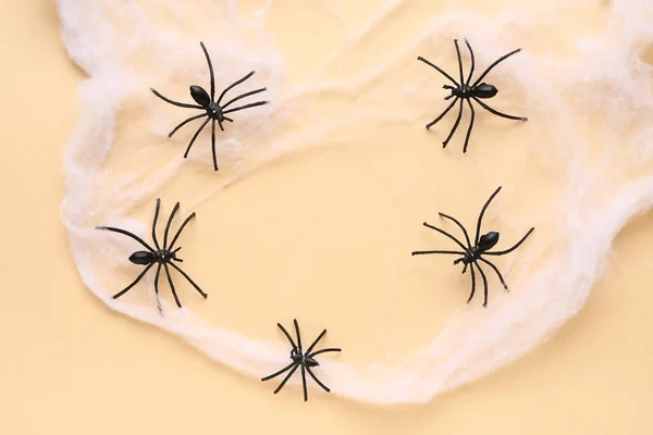 Frame Made Cobweb Spiders Halloween Party Yellow Background — Stock Photo, Image