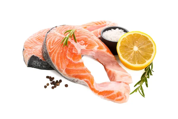 Raw Salmon Steaks Different Spices White Background — Stock Photo, Image