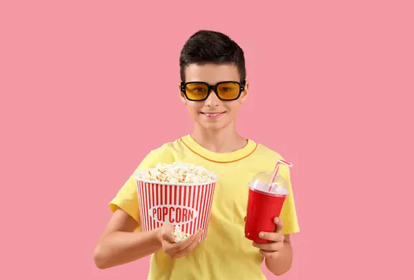 Cute Little Boy Glasses Popcorn Drink Pink Background — Stock Photo, Image