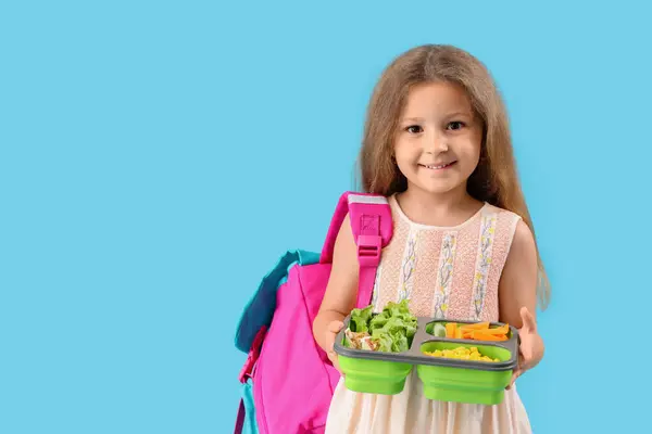 Happy Little Girl Backpack Lunchbox Blue Background — Stock Photo, Image