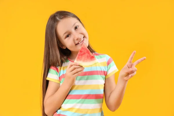 Happy Little Girl Slice Fresh Watermelon Yellow Background — Stock Photo, Image