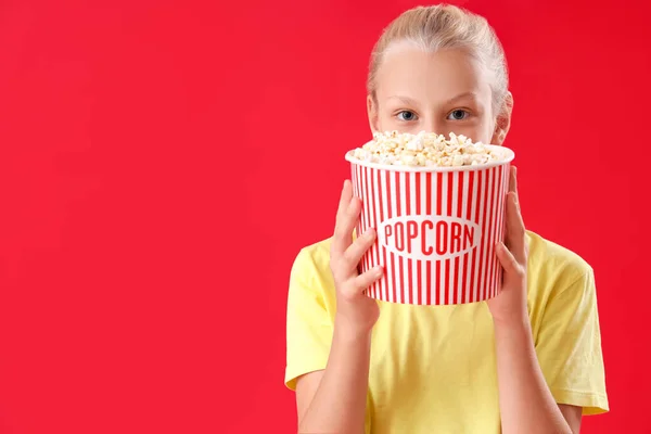 Cute Girl Bucket Popcorn Red Background — Stock Photo, Image