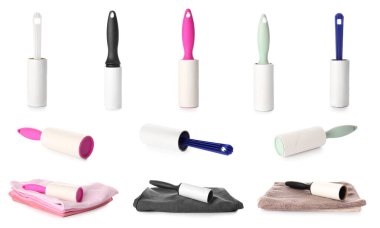 Beyaz arka planda kumaşlı iplik ruloları kümesi