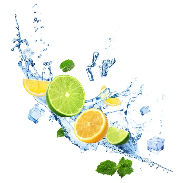 Flying Juicy Citrus Fruits Cold Ice Mint Splashing Fresh Water — Stock Photo, Image