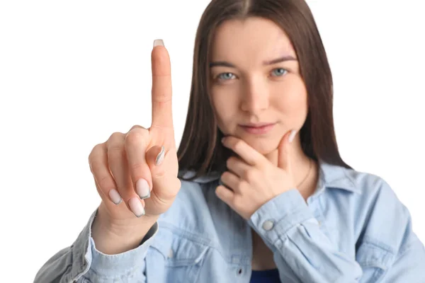 Thoughtful Young Woman Raised Index Finger White Background Closeup — Stock Photo, Image