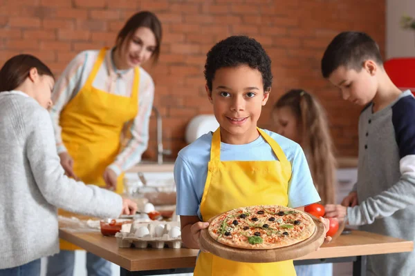 Little African American Boy Prepared Pizza Cooking Class Kitchen — Stock Photo, Image