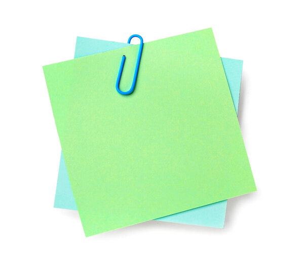 Blue sticky notes with paper clip on white background