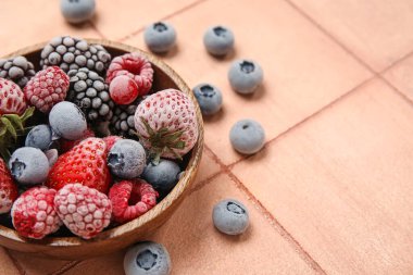 Renkli arkaplanda bir kase farklı donmuş dut.