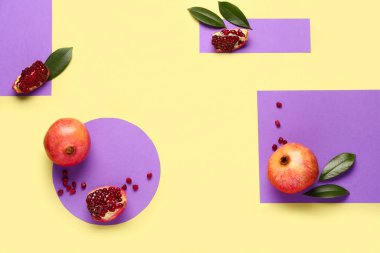 Renkli arkaplanda taze nar ve tohumlar