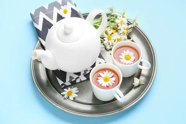 Tray Teapot Cup Natural Chamomile Tea Flowers Blue Background — Stock Photo, Image
