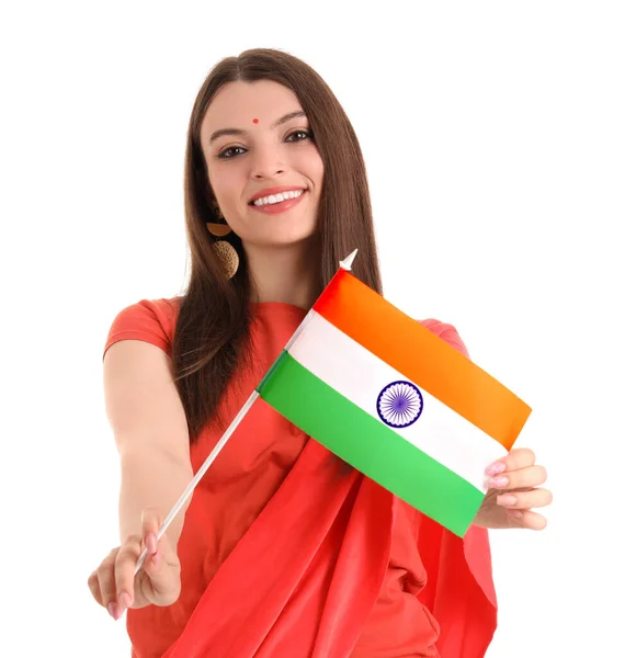 白底印度国旗的年轻女子 — 图库照片