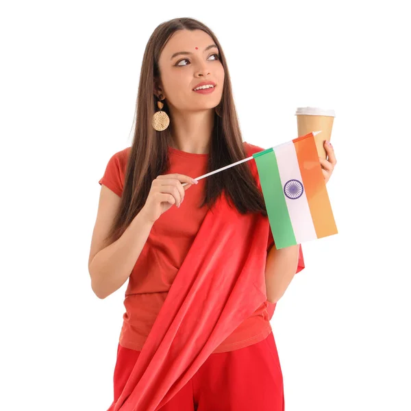 Junge Frau Mit Indischer Flagge Und Tasse Kaffee Auf Weißem — Stockfoto