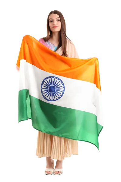 Mujer Joven Con Bandera India Sobre Fondo Blanco —  Fotos de Stock