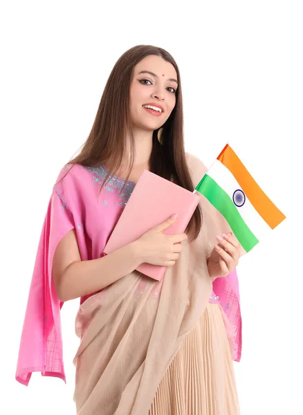 Mujer Joven Con Bandera India Libro Sobre Fondo Blanco — Foto de Stock