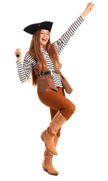 Glad Kvinnlig Pirat Med Spyglass Vit Bakgrund — Stockfoto