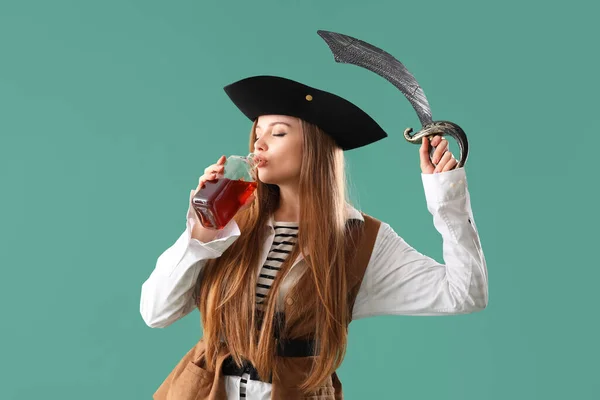 Beautiful Female Pirate Sword Rum Green Background — Stock Photo, Image