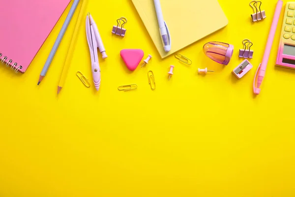 Different School Stationery Notebooks Yellow Background — Stock Photo, Image