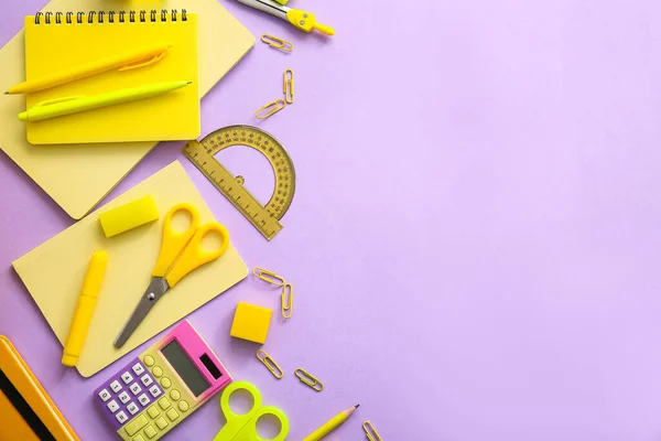Different School Stationery Notebooks Purple Background — Stock Photo, Image