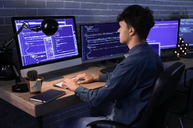 Erkek programcı geceleri ofiste bilgisayarla çalışıyor.