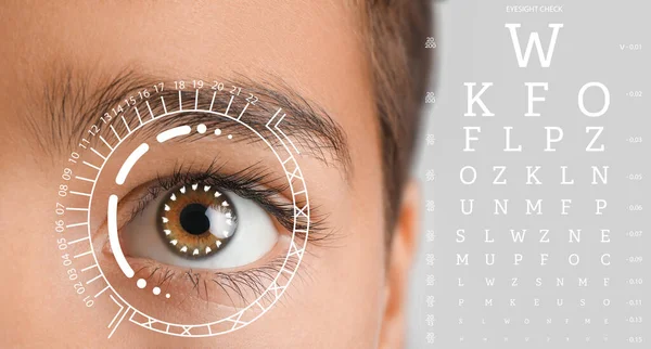Closeup view of boy\'s face and eye test chart