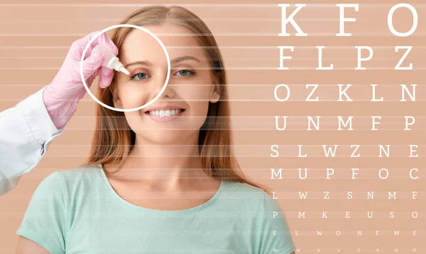 Ophthalmologist Menempatkan Tetes Mata Wanita Muda Dan Tes Grafik Pada — Stok Foto