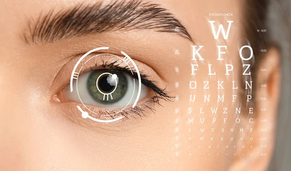 Крупный План Женского Лица Диаграммы Тестов Глаз — стоковое фото