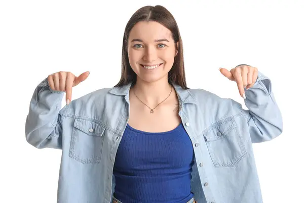 Young Woman Shirt Pointing Something White Background — Stock Photo, Image